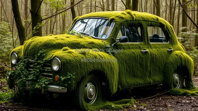 Car blending into nature covered entirely in moss and vines surreal image