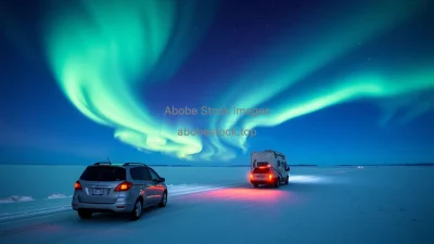 Car caravan traveling across snowy plains northern lights in sky