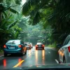 Car convoy traveling through a dense tropical rainforest wet leaves everywhere