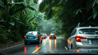 Car convoy traveling through a dense tropical rainforest wet leaves everywhere