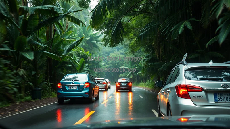 Car convoy traveling through a dense tropical rainforest wet leaves everywhere
