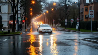 Car crossing a flooded street during heavy rain storm dramatic reflections