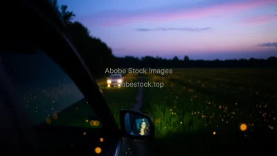 Car driving through a field of fireflies at dusk magical atmosphere