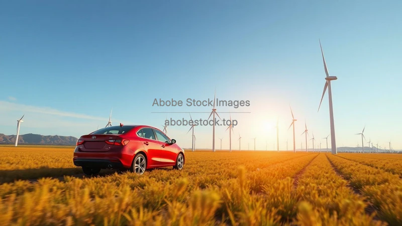 Car driving through a field of wind turbines renewable energy concept
