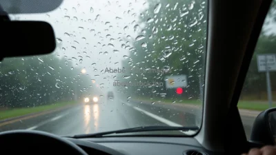 Car driving through heavy storm rain hitting windshield view from inside