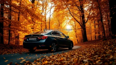 Car engulfed in autumn forest road leaves swirling golden light