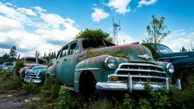 Car graveyard full of old vehicles overgrown with plants post apocalyptic feel