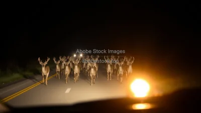 Car headlights illuminating a herd of deer crossing the road at night tension