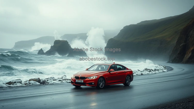 Car in a wind swept coastal road stormy sea giant waves crashing