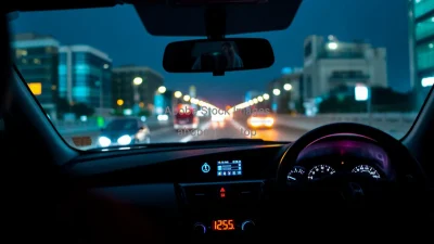 Car interior view from the driver seat looking out at a night city dashboard glowing