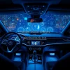 Car interior with futuristic holographic dashboard blue ambient glow
