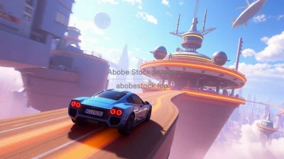 Car navigating through a futuristic floating city platforms in the sky