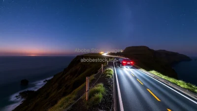 Car on a cliff edge road overlooking the ocean long exposure starry sky