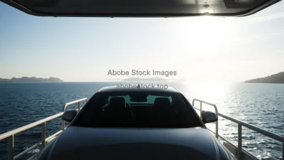 Car on a ferry crossing a calm sea distant islands visible serene scene