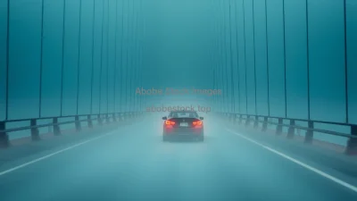 Car on a foggy bridge cables disappearing into mist melancholic feel