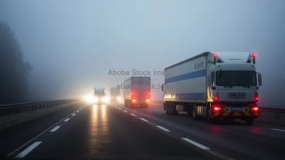 Car overtaking trucks on a foggy highway headlights glowing mysterious mood