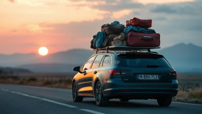 Car packed with luggage on the roof ready for a long road trip sunrise