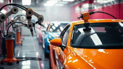 Car paint shop with robotic sprayers coating vehicles vibrant colors reflective surfaces cinematic lighting