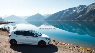 Car parked beside a crystal clear mountain lake perfect reflection