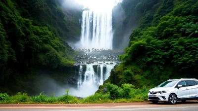 Car parked beside a massive waterfall mist in the air vibrant greenery