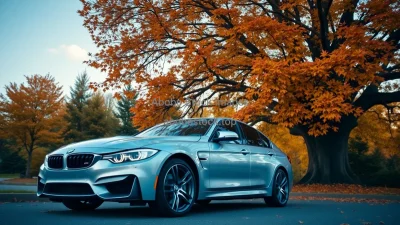 Car parked under a huge tree with autumn leaves falling warm colors
