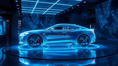 Car projected as hologram in a virtual showroom futuristic marketing concept