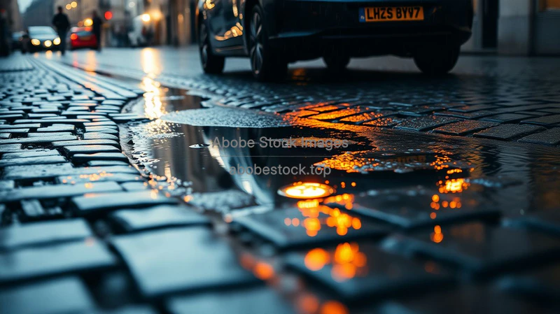 Car reflected in puddles after rain on a cobblestone street cinematic feel