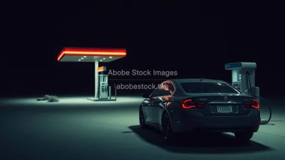 Car refueling at a lonely gas station in the middle of the desert night scene