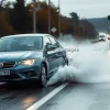 Car skidding on wet road hydroplaning dramatic near accident depiction