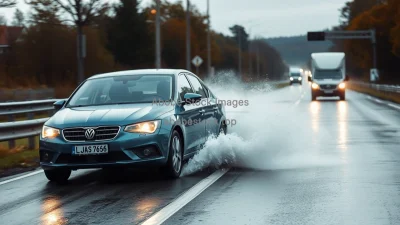 Car skidding on wet road hydroplaning dramatic near accident depiction