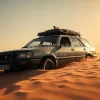 Car stuck in desert sand dunes under scorching sun survival mood