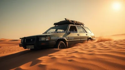 Car stuck in desert sand dunes under scorching sun survival mood