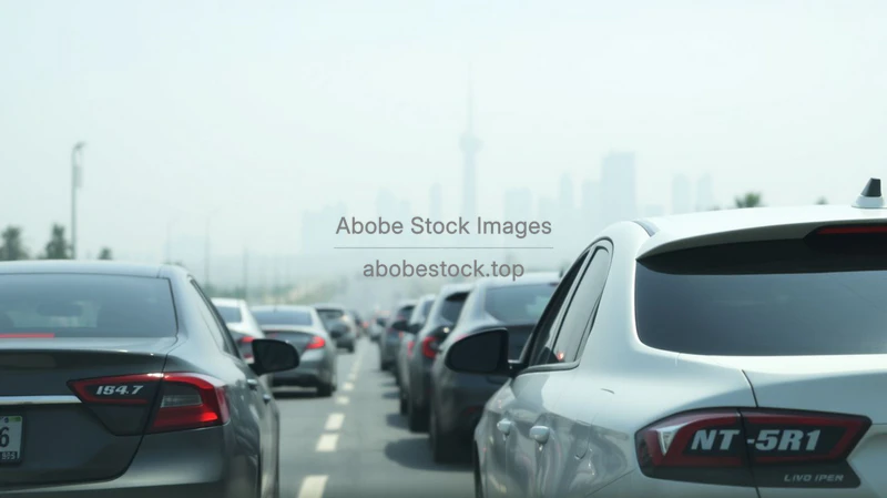 Car stuck in traffic jam with city skyline visible in distance heat haze