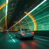 Car traveling through a futuristic tunnel with glowing lines and patterns