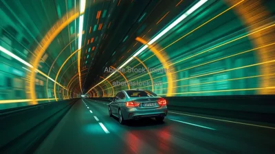 Car traveling through a futuristic tunnel with glowing lines and patterns