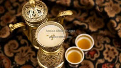Cardamom coffee in ornate Arabic coffee pot with small cups