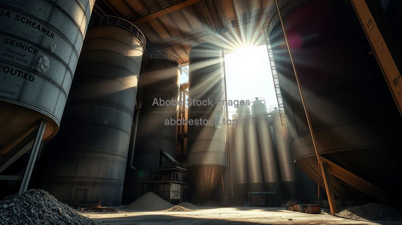 Cement factory interior with massive silos dust particles in sunbeams heavy industrial feel gritty realism