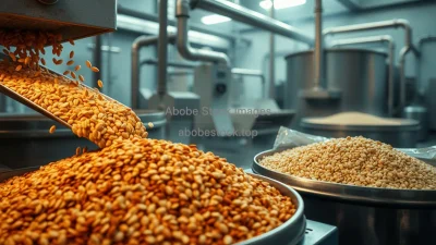 Cereal production plant with grains being roasted mixed and packaged warm tones food industry context