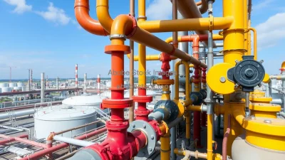 Chemical processing facility with complex network of pipes valves and storage tanks industrial skyline background