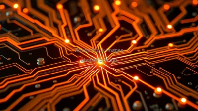 Circuit board illustrating physics of electrons moving through conductors neon pathways macro