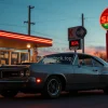 Classic 1960s muscle car parked at a retro gas station at sunset cinematic lighting