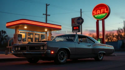Classic 1960s muscle car parked at a retro gas station at sunset cinematic lighting