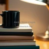 Classic black coffee mug on stack of books