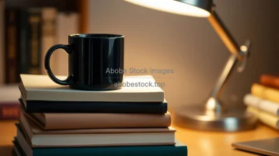Classic black coffee mug on stack of books