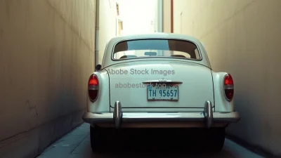 Classic car stuck in a narrow alley barely fitting humorous situation
