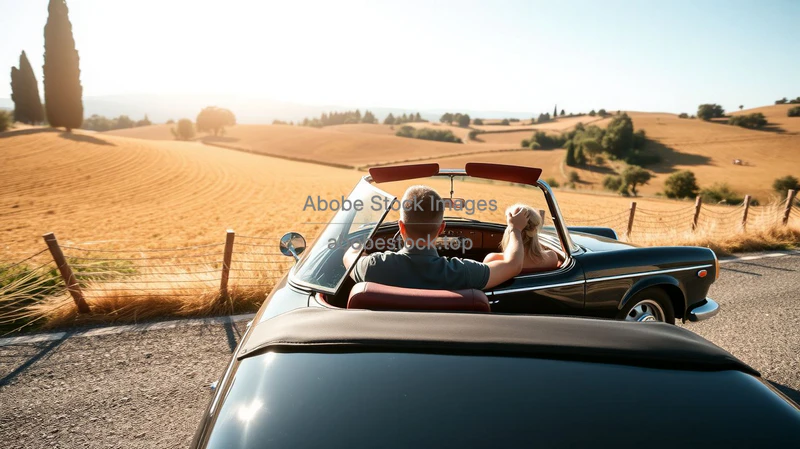Classic convertible with couple inside driving through Italian countryside