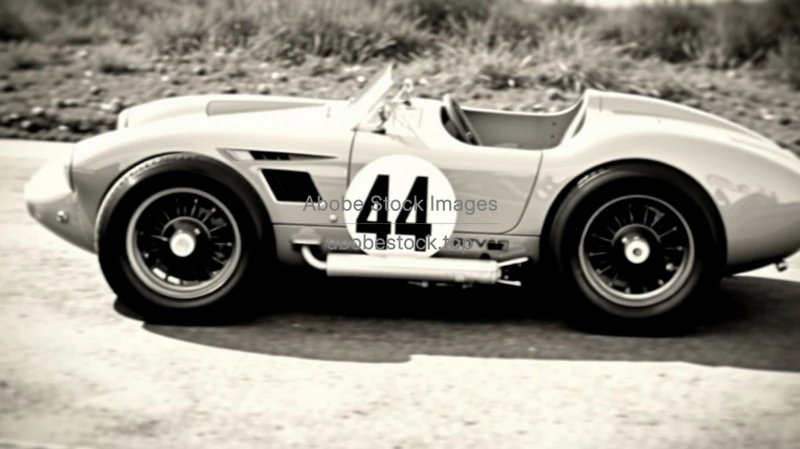 Classic race car in an old black and white photograph vintage style