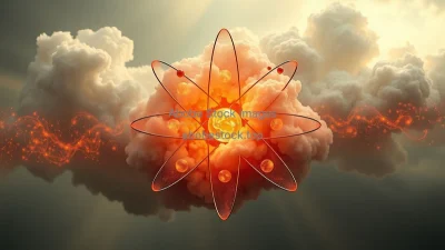 Classical atom model turning into modern quantum cloud model metaphorical transformation artwork