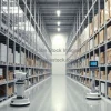 Clean automated warehouse with tall shelves robots scanning barcodes white and gray minimal palette