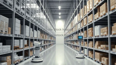 Clean automated warehouse with tall shelves robots scanning barcodes white and gray minimal palette